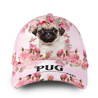 Personalized Happy Pink Pug Flower Hat Classic Cap Hat - Thegiftio UK