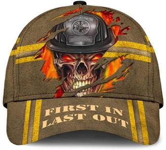 Skull Firefighter First in Last Out Printed Unisex Hat Classic Cap, Snapback Cap, Baseball Cap Hat - Thegiftio