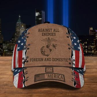 Veteran American Flag Hat Proud US Military Marine Corps Hat 1776 'Merica Against All Enemies Foreign & Domestic Veterans Day Gift Ideas Hat Classic Cap Hat - Thegiftio UK