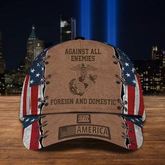 Veteran American Flag Hat Proud US Military Marine Corps Hat Against All Enemies Foreign And Domestic 1774 American Marine Veteran Gift Hat Classic Cap Hat - Thegiftio UK