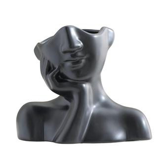 Black Ceramic Head Vase Cute Ceramic Female Face Statue Vase Desk Décor Gift For Her | Rusticozy