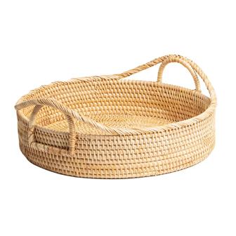 Bread And Serving Rattan Storage Tray With Wooden Handle Round Vintage Wicker Basket Kitchen Decor | Rusticozy
