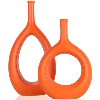 Burnt Orange Hollow Ceramic Flower Vase, Dining Table Boho Home Decor, Set of 2 | Rusticozy