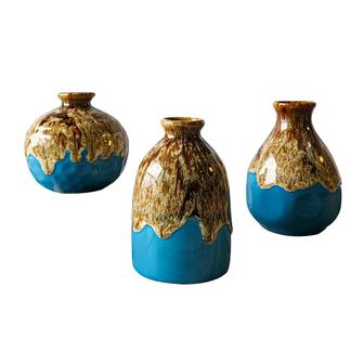 Ceramic Rustic Vintage Vase, 3 Piece Set of Glazed Decorative For Table Kitchen Living Room, Boho Home Decor, Brown Blue | Rusticozy