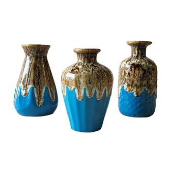 Ceramic Vase Set Of 3, Flambe Glazed Mini Vases, Unique Modern Small Flower Vases For Home Decor, Brown Blue | Rusticozy