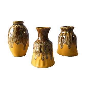 Ceramic Vase Set Of 3, Flambe Glazed Mini Vases, Decorative Vases For Living Room, Boho Home Decor, Brown Mustard | Rusticozy