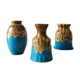 Ceramic Vase Set Of 3, Flambe Glazed Mini Vases For Boho Home Decor, Rustic Farmhouse, Brown Blue | Rusticozy