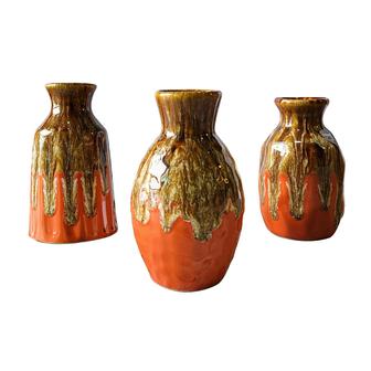 Ceramic Vase Set Of 3, Flambe Glazed Mini Vases, Modern Small Flower Vases For Dining Room Boho Home Decor, Brown Orange | Rusticozy