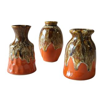 Ceramic Vase Set Of 3, Flambe Glazed Mini Vases, Modern Vases For Living Room Rustic Farmhouse Home Decor, Brown Orange | Rusticozy