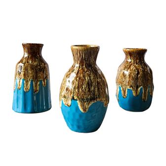 Ceramic Vase Set Of 3, Flambe Glazed Mini Vases, Small Decorative Flower Vases For Dining Room Shelf Home Decor, Brown Blue | Rusticozy