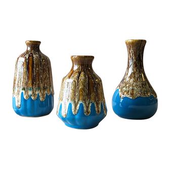 Ceramic Vase Set Of 3, Flambe Glazed Mini Vases, Modern Small Flower Vases For Bookshelf Mantel Décor, Brown Blue | Rusticozy