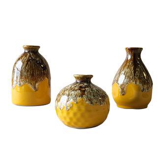 Ceramic Vase Set Of 3, Flambe Glazed Mini Vases Living Room Rustic Farmhouse Table Shelf Decoration, Brown Mustard | Rusticozy