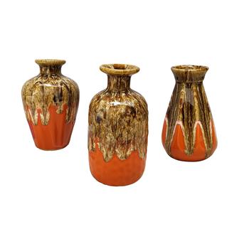 Ceramic Vase Set Of 3, Flambe Glazed Mini Vases Home Decor, Small Decorative Flower Vases For Living Room Rustic Farmhouse, Brown Orange | Rusticozy CA