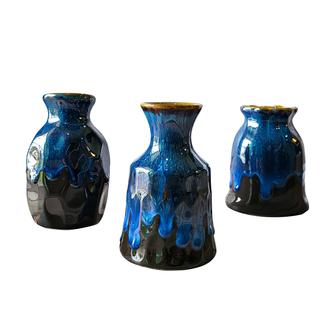 Ceramic Vase Set Of 3, Flambe Glazed Mini Vases Home Decor, Modern Small Flower Vase Living Room Rustic Farmhouse, Blue | Rusticozy