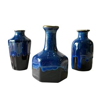 Ceramic Vase Set Of 3, Flambe Glazed Mini Vases Home Decor, Unique Modern Small Flower Vases For Living Room, Blue | Rusticozy