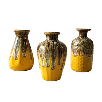 Ceramic Vase Set Of 3, Flambe Glazed Mini Vases, Unique Modern Small Flower Vases Home Living Decor Rustic Farmhouse, Brown Mustard | Rusticozy