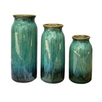 Ceramic Vase Set Of 3, Flambe Glazed Vases For Home Decor, Unique Modern Lava Vases For Living Room Mantel Table Shelf, Blue Green Ombre | Rusticozy