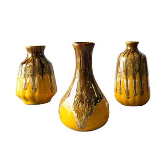 Ceramic Vase Set Of 3, Flambe Glazed Vases, Small Flower Vases For Rustic Farmhouse Mantel Entryway Table, Brown Mustard | Rusticozy