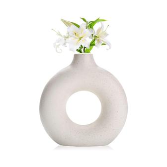 Donut Vase, Circle Hollow Vase, Modern Matte Ceramic Vase, Home Decor, Spotted White 7.5" | Rusticozy