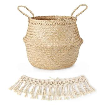 Flower Wicker Basket Belly Round Seagrass Basket Plant Flower Storage Laundry Pantry Decor | Rusticozy