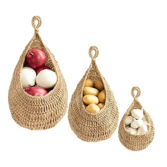 Jute Rope Teardrop Wall Hanging Basket For Kitchen Set Of 3 | Rusticozy UK