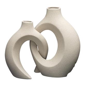 Matte Ceramic Cream Vase Hollow Flower Vase Living Room Boho Decor Set Of 2 | Rusticozy