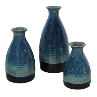 Modern Ceramic Lava Vases Set Of 3 Decorative Vases For Rustic Home Decor Living Room Shelf Farmhouse, Ocean Blue | Rusticozy