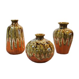 Modern Ceramic Vases, Reactive Glazed Stoneware Decorative Vase For Table Living Room Fireplace Shelf Set Of 3, Brown Orange | Rusticozy