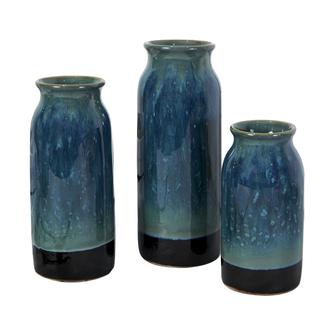 Modern Decorative Flower Vase, Ceramic Lava Vases Set Of 3 For Rustic Home Living Room Farmhouse Decor, Ocean Blue | Rusticozy