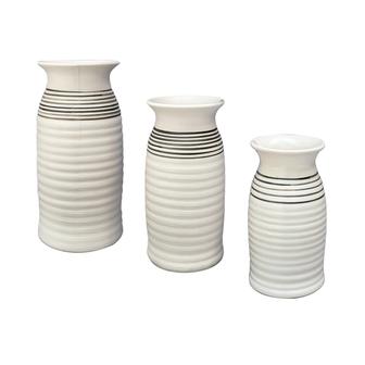 Modern Farmhouse Vase, Set Of 3 White Striped Vases, Decorative White Vase Centerpiece Accent Farmhouse Décor  | Rusticozy