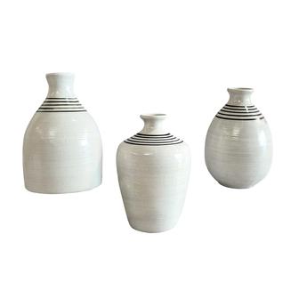 Modern Farmhouse Vase Decor, Set Of 3 White Striped Mini Vases For Decor, Decorative Small Vase Centerpiece Accent | Rusticozy