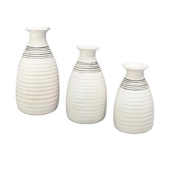Modern Farmhouse Vase Decor, Set Of 3 White Striped Vases For Decor, Decorative White Vase Centerpiece Accent | Rusticozy