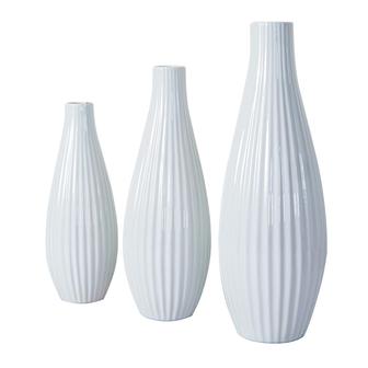 Pleated Ceramic Set Of 3 Vases, White Grooved Bud Vases, Modern Flower Vase, Boho Decoration Home Living Room Kitchen  | Rusticozy