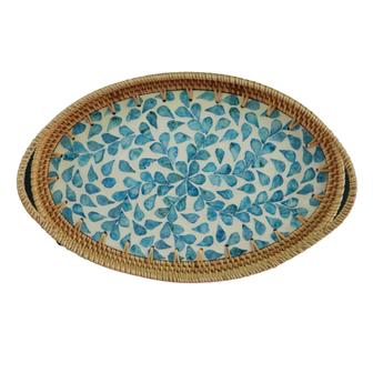 Rattan Blue Mosaic Rattan Oval Tray For Home Decor Rustic Style For Living Room | Rusticozy