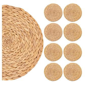 Round Natural Water Hyacinth Placemats Wicker Seagrass Rattan Placemats Non-Slip Weave Mat Pack 8 | Rusticozy