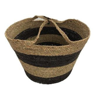 Striped Sedge Basket With Handles Large Seagrass Utility Basket For Home Decoration Laundry Picnic | Rusticozy
