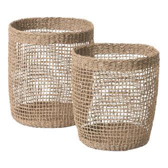 Wicker Basket For Bathroom Set Of 2 Tall Round Seagrass Waste Storage Basket For Clothing Toy | Rusticozy
