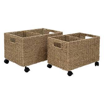 Wicker Basket On Wheels Straw Wire Willow Woven Baskets Kitchen Pantry Home Decor Set Of 2 | Rusticozy
