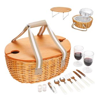 Vintage Wicker Basket Picnic Set, Insulated Cooler Compartment Cutlery Service Kits, Folding Table Set Camping Outdoor Party | Rusticozy