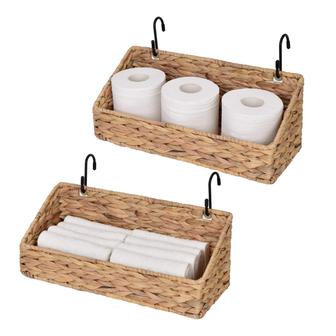 Wicker Basket Storage Shelves Set Of 2 Rectangular Small Hyacinth Hanging Baskets Organizing Bathroom Decor | Rusticozy