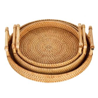 Wicker Rattan Basket Tray With Handles Hand Woven Wicker Tray Set Of 3 Boho Home Decor | Rusticozy