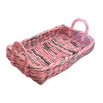 Pink Wicker Basket Handmade Woven Tray with Handles Boho Farmhouse Home Decor | Rusticozy