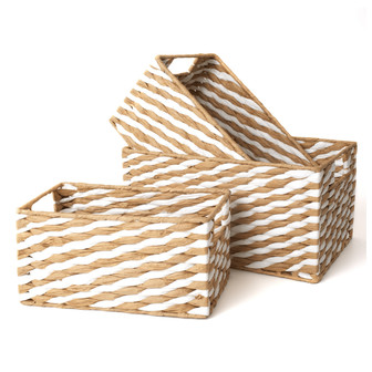 Beige White Rectangular Wicker Storage Baskets for Organizing with Wood Handles Set of 3 | Rusticozy DE