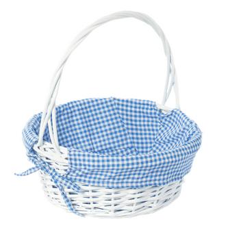 Blue White Wicker Basket Round Willow Gift Basket with Gingham Liner and Handle | Rusticozy