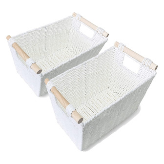 Set of 2 White Rectangular Wicker Basket For Boho Farmhouse Decor | Rusticozy