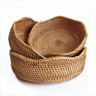 Wicker Fruit Basket Wave Round Storage Bowls Kitchen Counter Organizing Set of 3 | Rusticozy