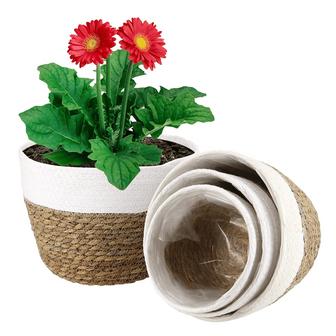 Brown Seagrass Planter Outdoor Set Of 4 Round Hyacinth Basket with Plastic Liner | Rusticozy