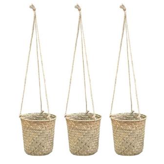 Straw Outdoor Wicker Planters Plant Seagrass Wall Shelf Basket Set Of 3 Hanging Woven Basket | Rusticozy