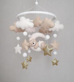 Baby Girl Nursery Mobile With Bear On The Moon. Nursery Decor. Baby Shower Gift. - Monsterry