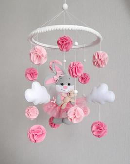 Baby Girl Nursery Mobile With Bunny Ballerina. Baby Shower Gift. Pink Nursery Decor. - Monsterry CA